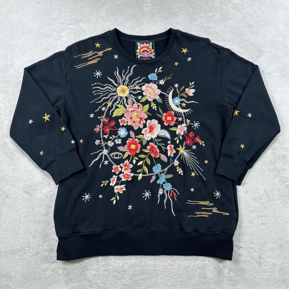 Johnny Was Sweatshirt Womens Small Black Floral Celestial Embroidered Boho Fall